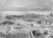 Вид Одессы и порта с моря. Рисунок в газете. 1887 г.