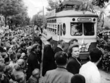 Открытие линии детского трамвая, кадр кинохроники, 1956 г.