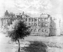 Здание средней школы на ул. Канатной, разрушена оккупантами в апреле 1944 г., рисунок из  «Альбома художественных зарисовок разрушений»