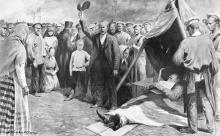 Тело убитого моряка Омельчука на новом молу Одессы. Рисунок французского художника Луиса Реми Сабаттиера в журнале «Иллюстрации», 15 июля 1905 г.