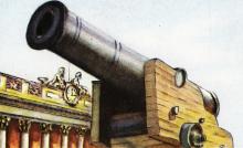 Пушка, снятая в качестве трофея с затопленного английского фрегата «Тигр» в 1854 г. во время русско-турецуой войны. Фотография в буклете «Памятные места Одессы». 1960 г.